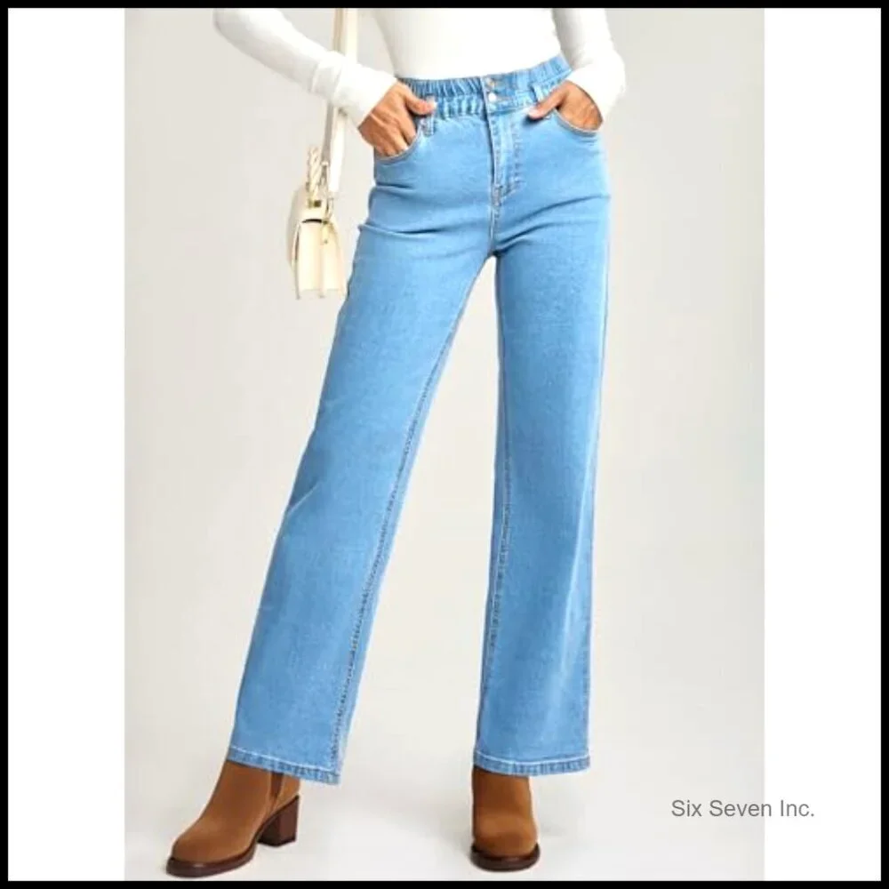 Stretchy Elastic High Waist Wide Leg Jeans Trendy Y2K Baggy Straight Trousers